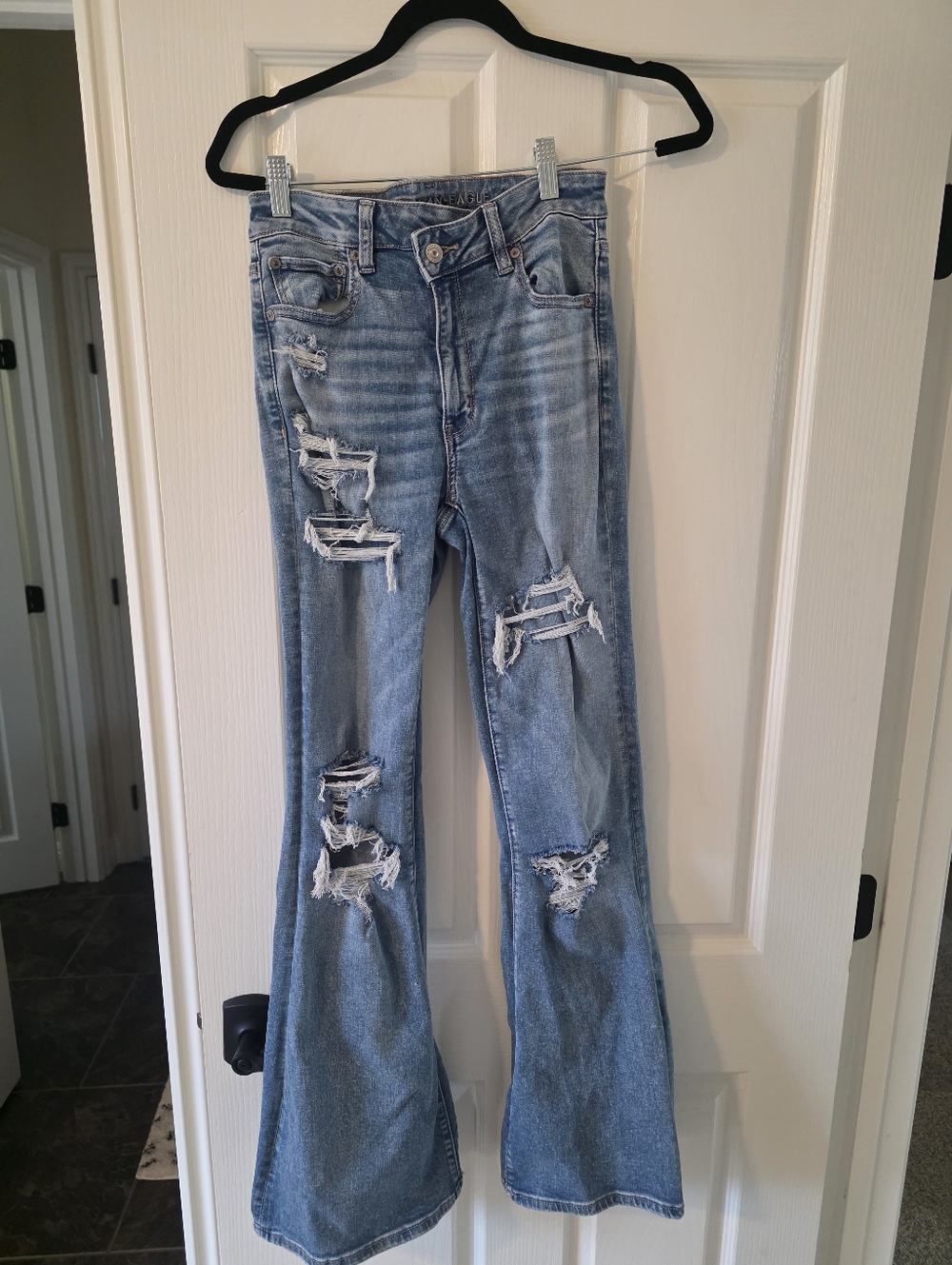 American Eagle Super Hi-Rise Flare Jeans – Distressed Light Blue Women's Flare